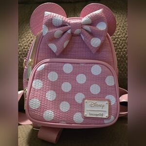 Loungefly Minnie Mouse Pink Polka Dot Woven Look Convertible Backpack